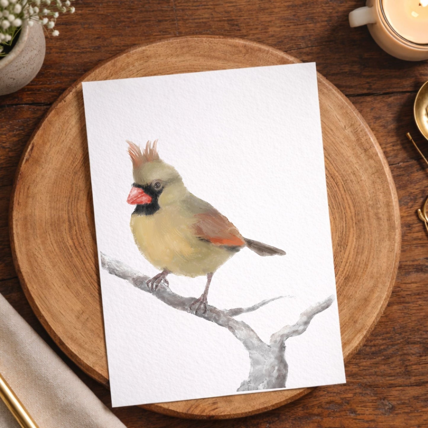 Northern Female Cardinal Postcard - MerikaArt