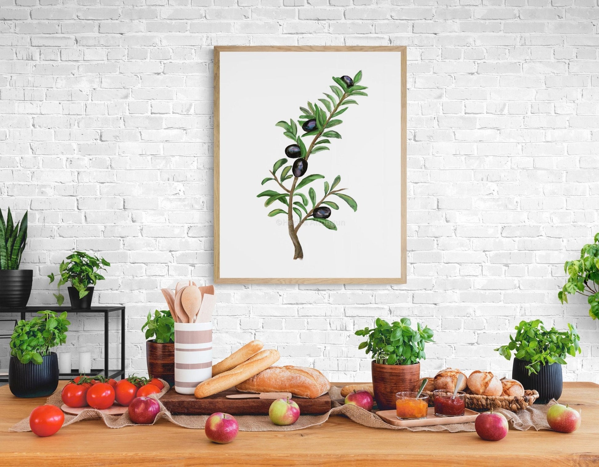 Olive Branch Art Print, Still Life Wall Art, Olive Leaf Decor, Dining Room Decor, Botanical Painting, Plant Illustration, Farmhouse Decor - MerikaArt