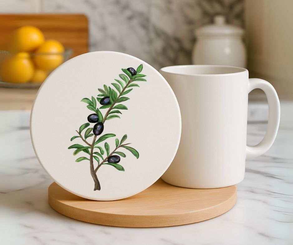 Olive Branch Ceramic Coaster - MerikaArt