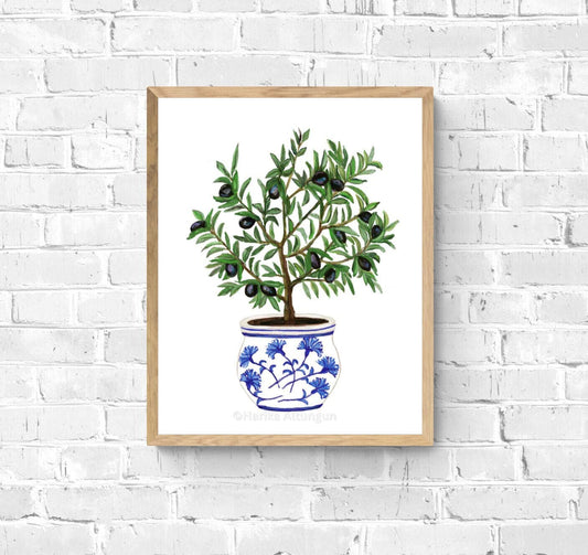 Olive Tree Art Print, Still Life Wall Art, Blue White Planter, Dining Room Decor, Botanical Painting, Fruit Illustration, Farmhouse Decor - MerikaArt