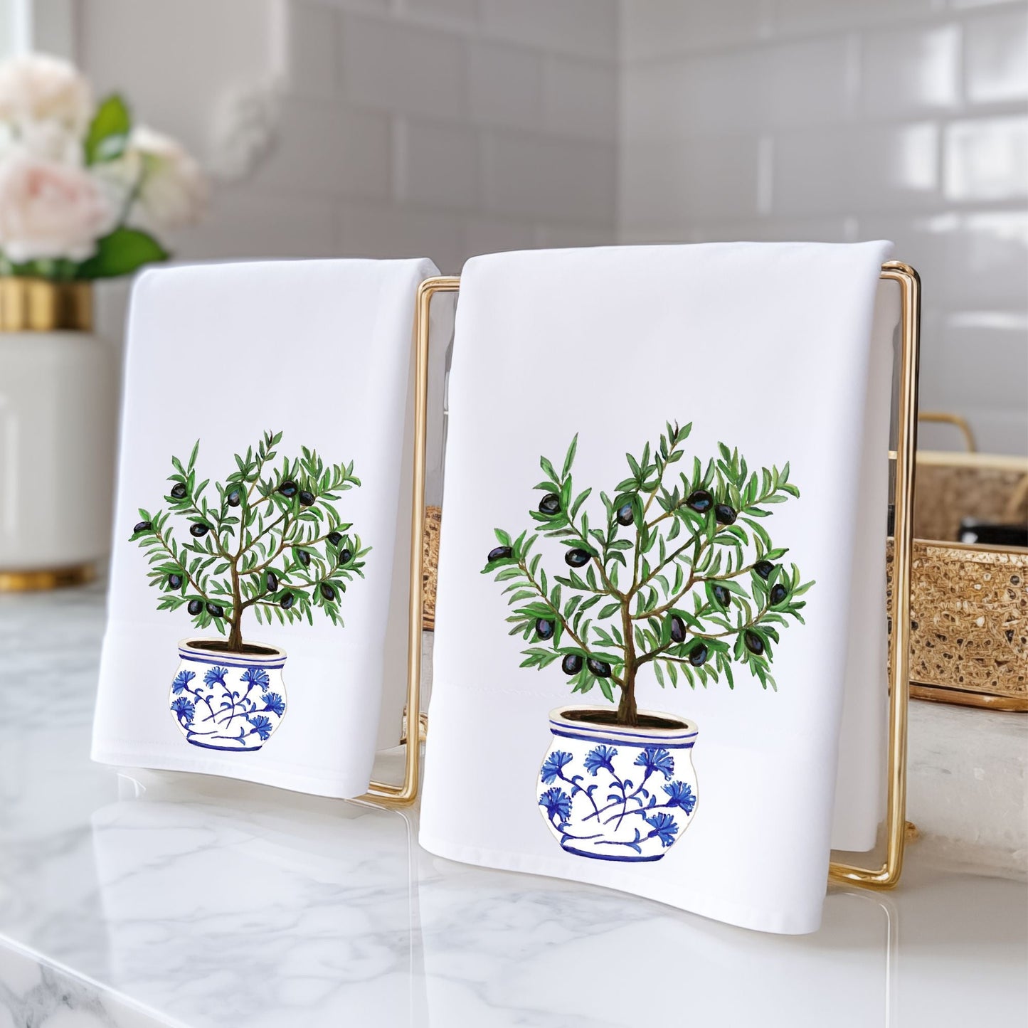 Olive Tree in Blue Vase Bathroom Towel - MerikaArt