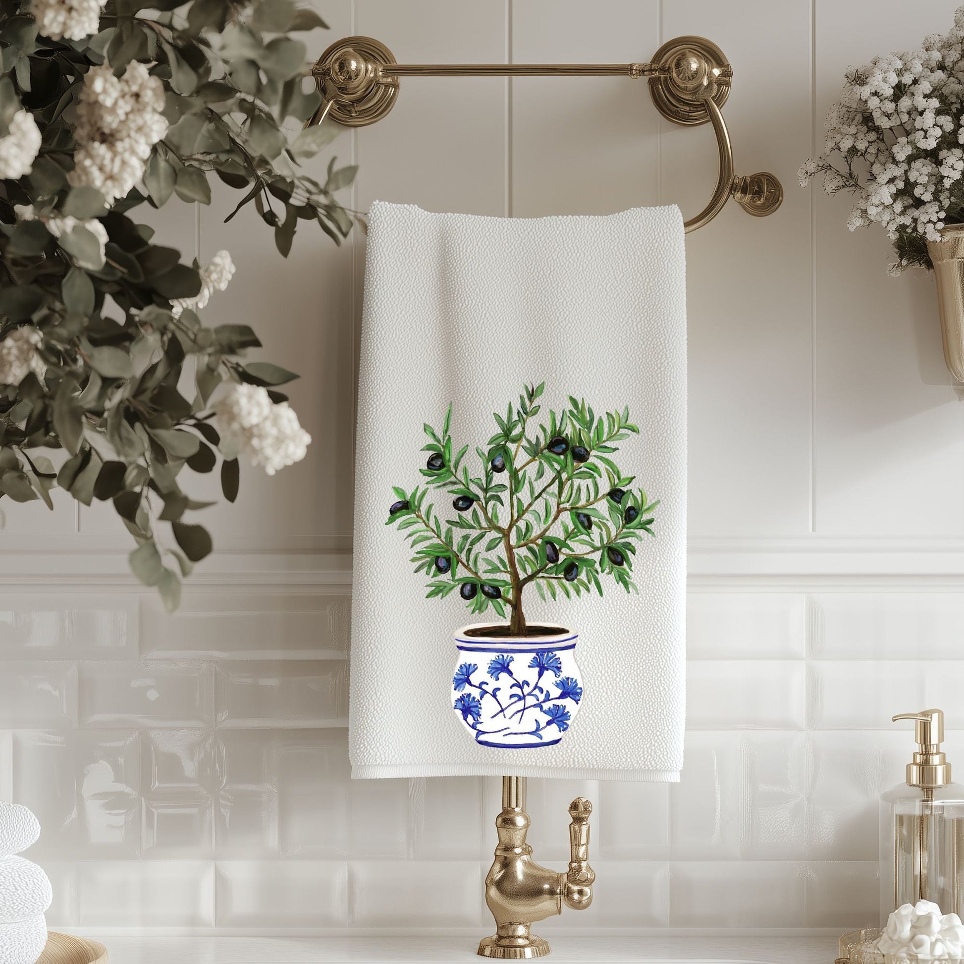 Olive Tree in Blue Vase Bathroom Towel - MerikaArt