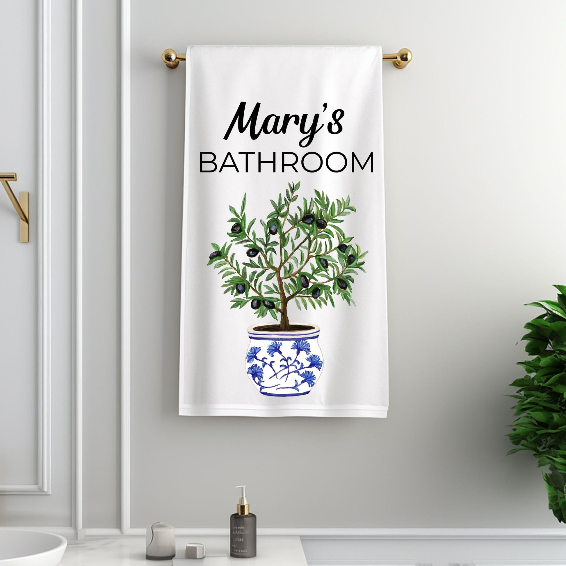 Olive Tree in Blue Vase Bathroom Towel - MerikaArt