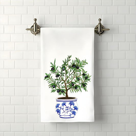 Olive Tree in Blue Vase Bathroom Towel - MerikaArt