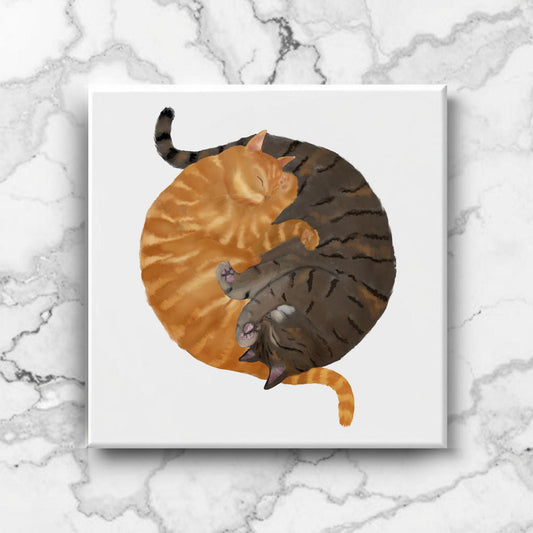 Orange and Tabby Cats Yin and Yang Ceramic Tile - MerikaArt