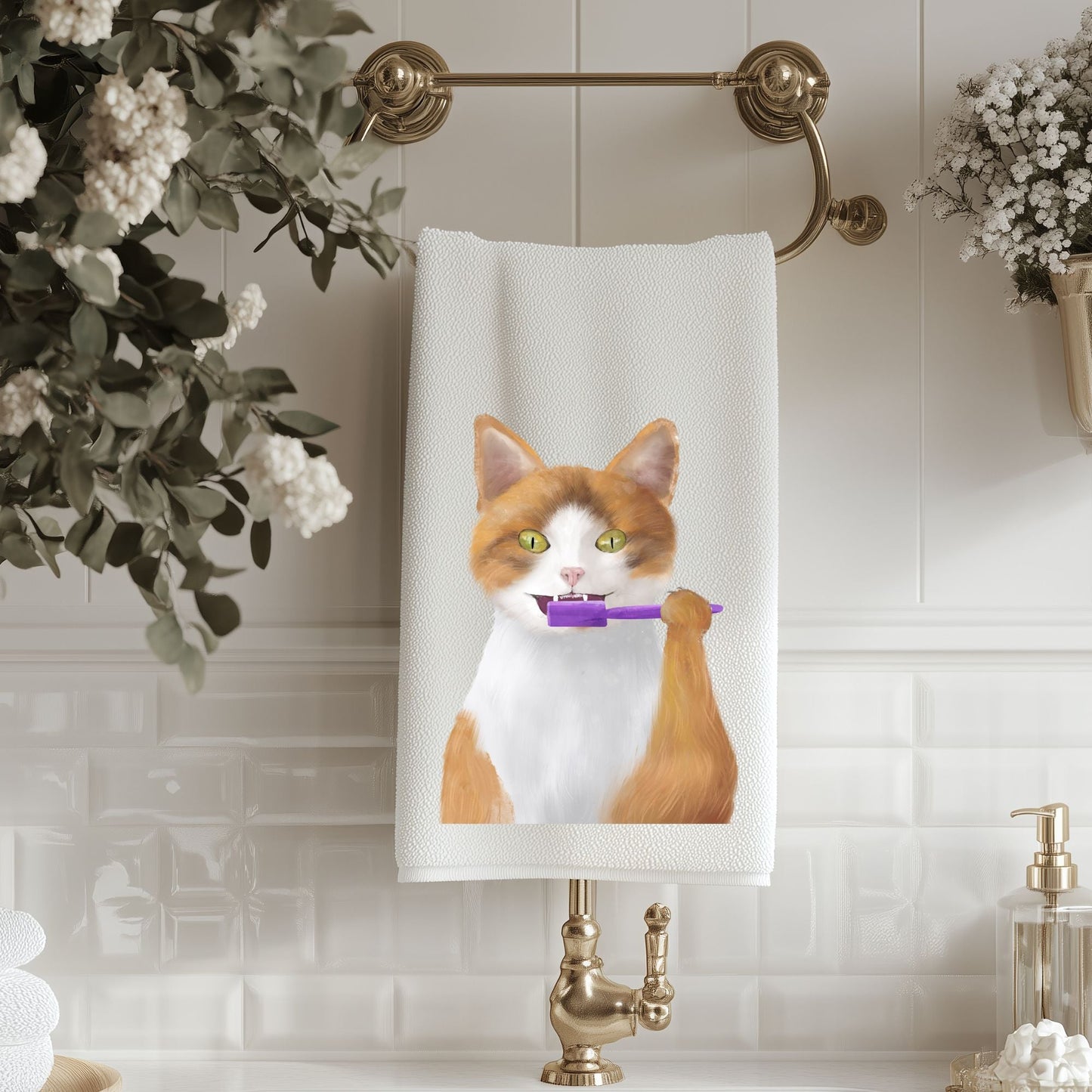 Orange and White Cat Brushing Teeth Bathroom Towel - MerikaArt