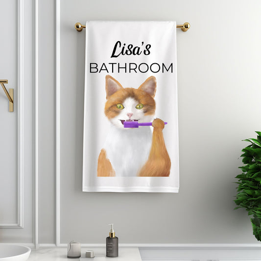 Orange and White Cat Brushing Teeth Bathroom Towel - MerikaArt