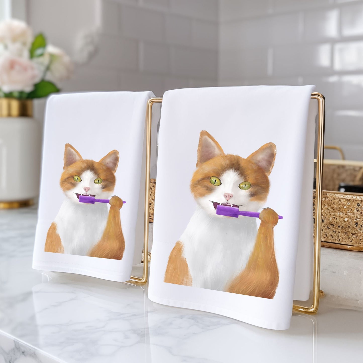 Orange and White Cat Brushing Teeth Bathroom Towel - MerikaArt