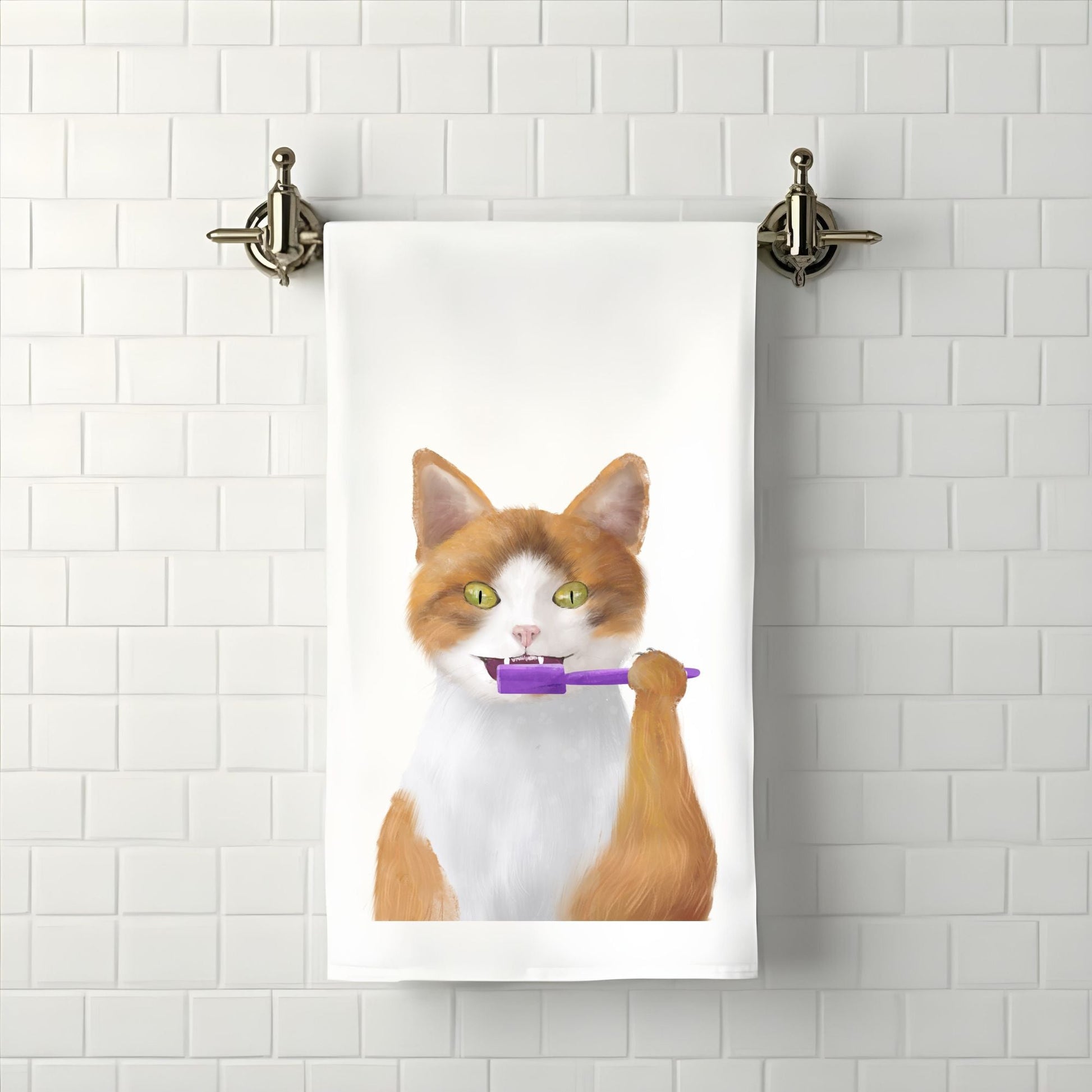 Orange and White Cat Brushing Teeth Bathroom Towel - MerikaArt