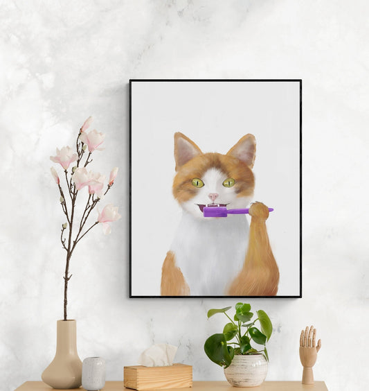 Orange And White Cat Brushing Teeth Print - MerikaArt