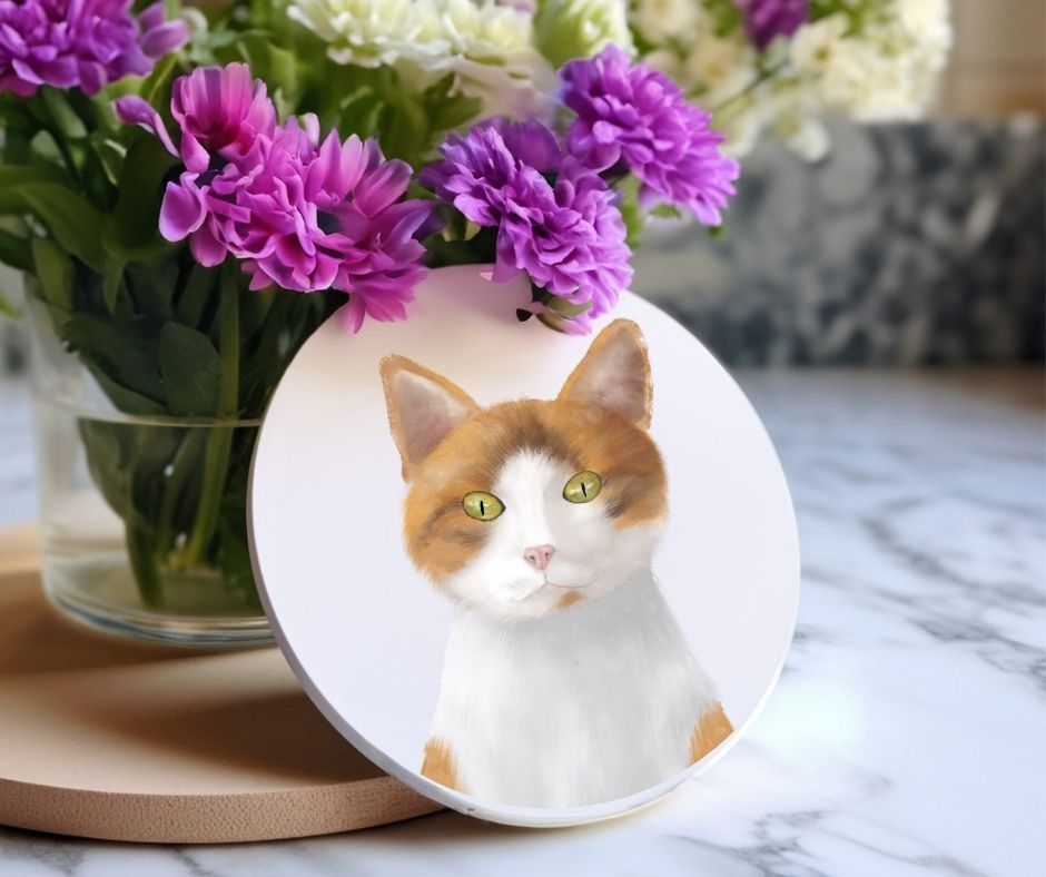 Orange and White Cat Ceramic Coaster - MerikaArt