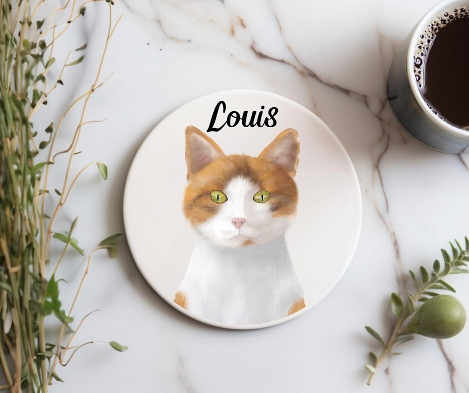 Orange and White Cat Ceramic Coaster - MerikaArt