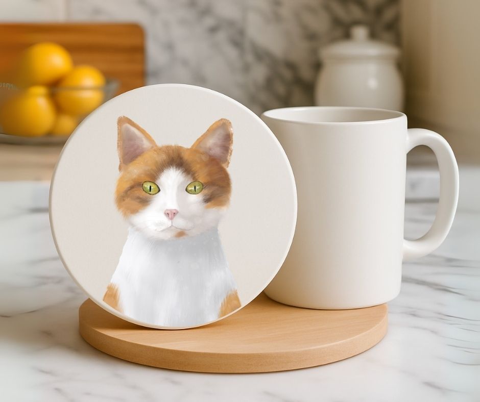 Orange and White Cat Ceramic Coaster - MerikaArt