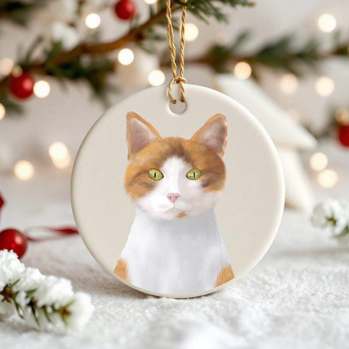Orange and White Cat Ceramic Ornament - MerikaArt
