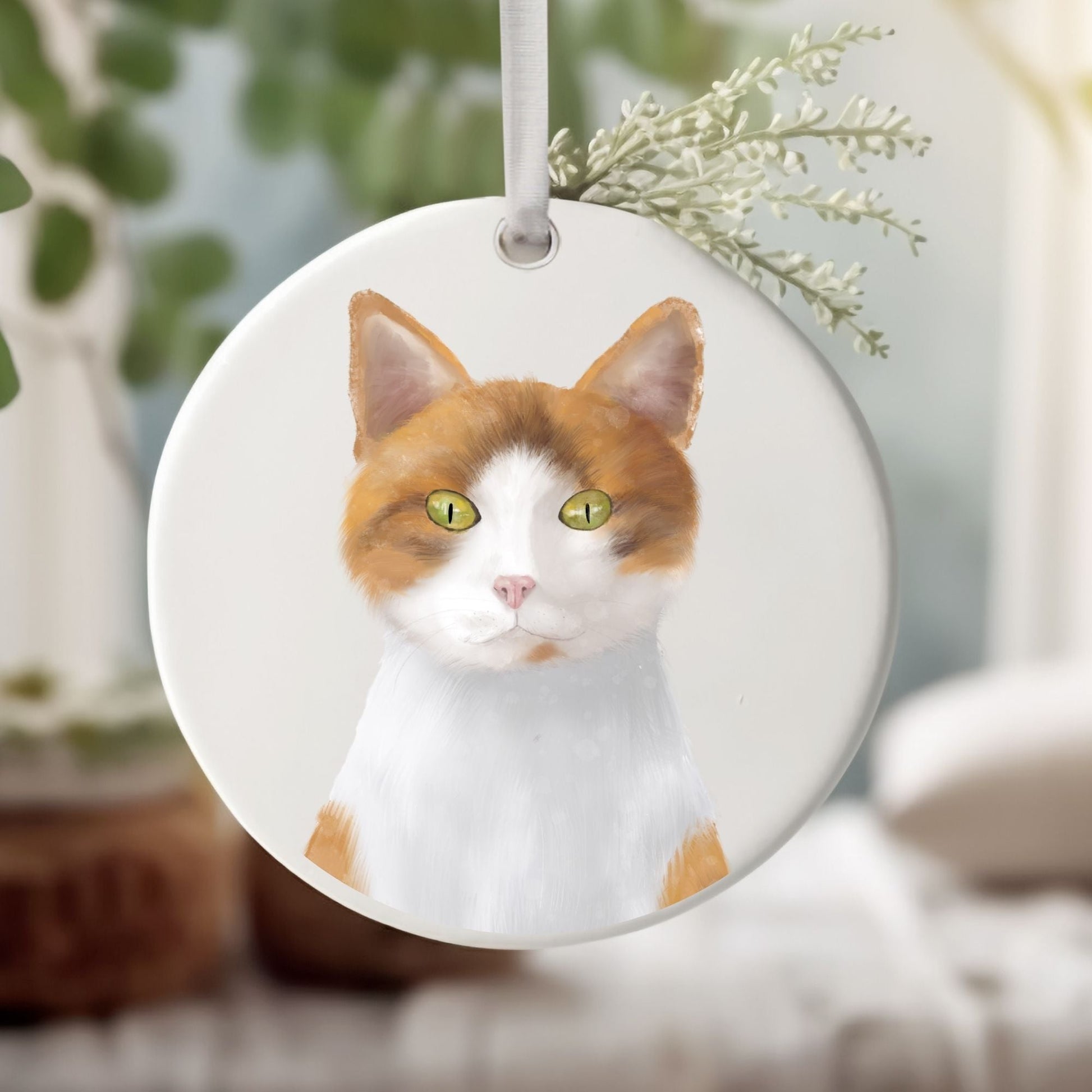 Orange and White Cat Ceramic Ornament - MerikaArt