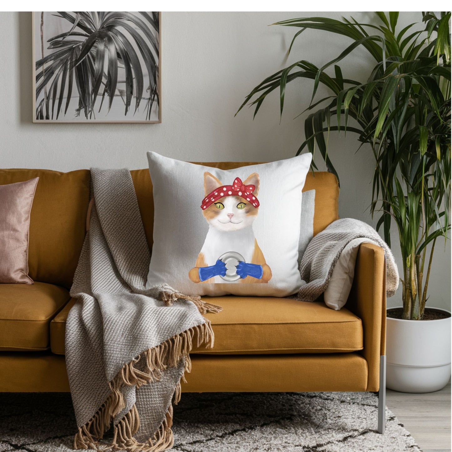 Orange and White Cat with Polka Dot Headband Pillow - MerikaArt