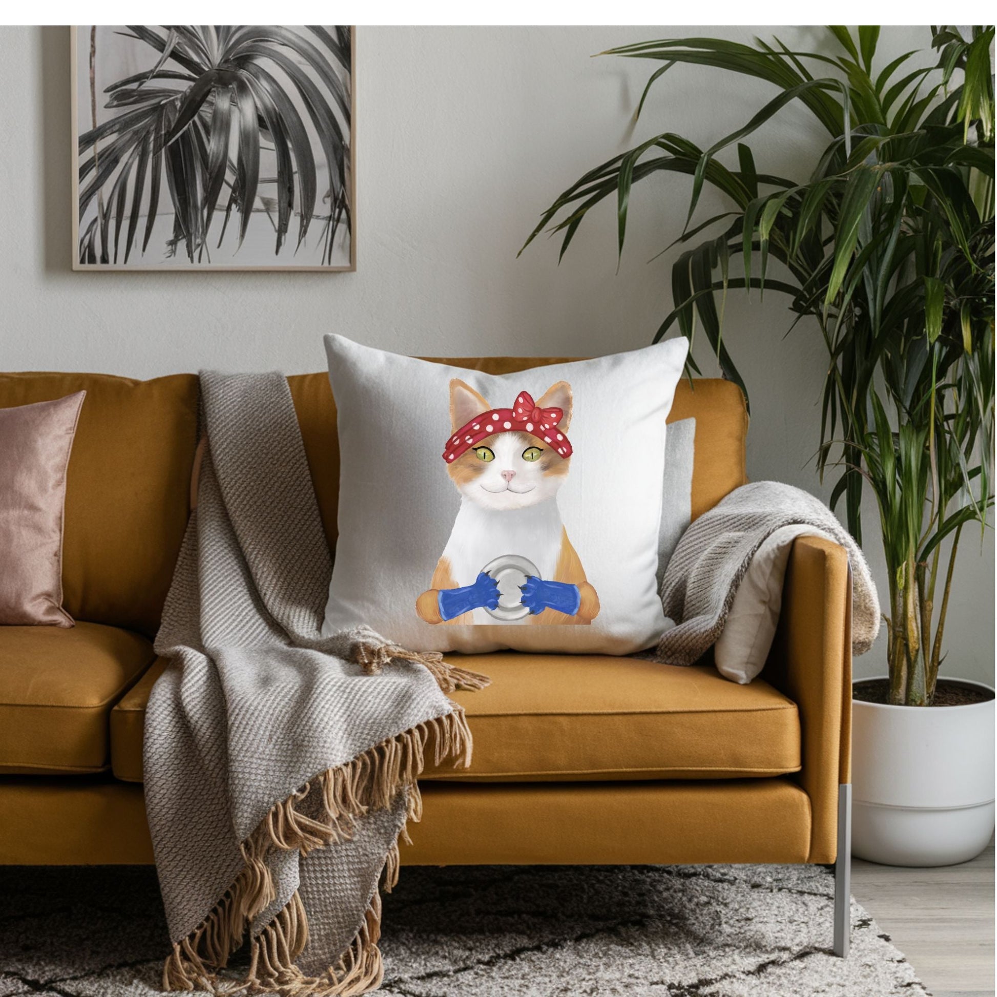 Orange and White Cat with Polka Dot Headband Pillow - MerikaArt