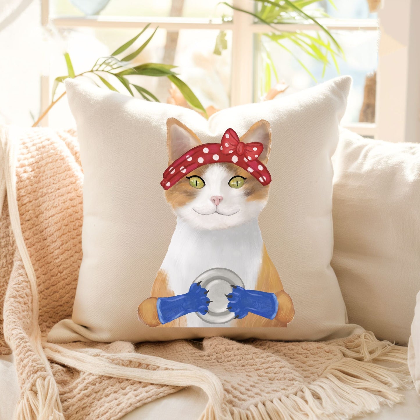 Orange and White Cat with Polka Dot Headband Pillow - MerikaArt