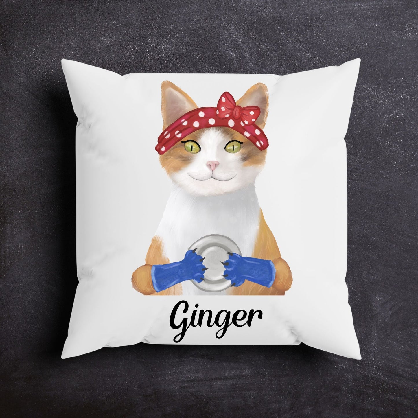 Orange and White Cat with Polka Dot Headband Pillow - MerikaArt