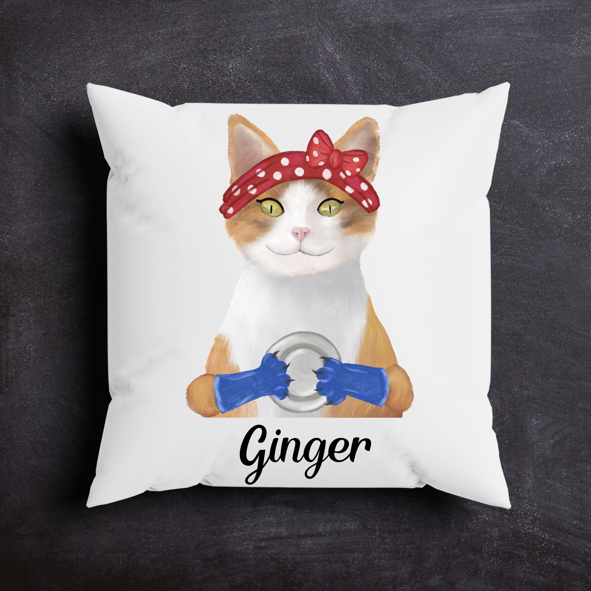 Orange and White Cat with Polka Dot Headband Pillow - MerikaArt