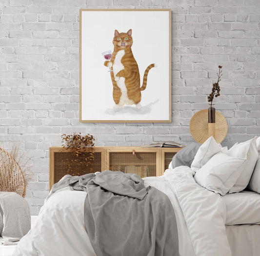 Orange and White Tabby Cat With Wine Art Print - MerikaArt