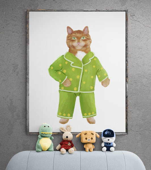 Orange and White Tabby Wearing Pajamas Print - MerikaArt