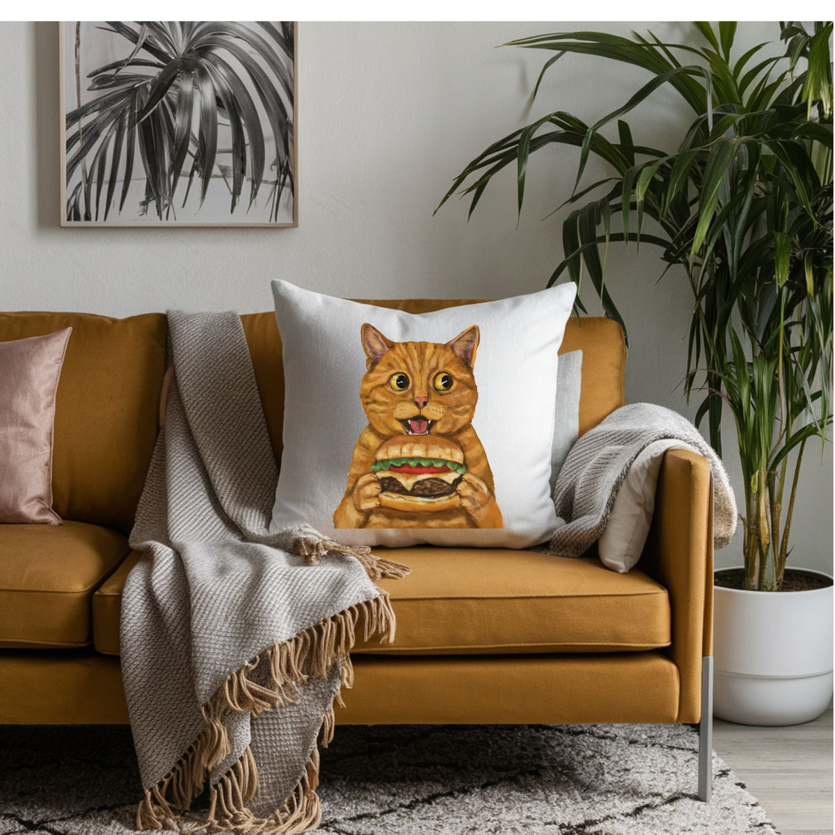Orange Burger Cat Throw Pillow - MerikaArt