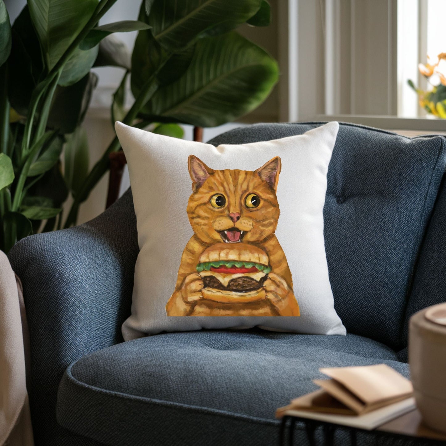 Orange Burger Cat Throw Pillow - MerikaArt