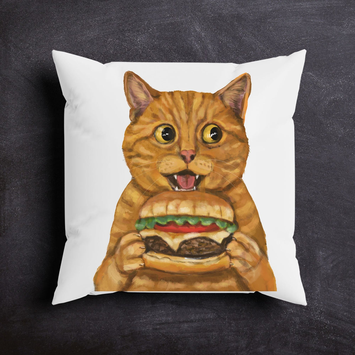 Orange Burger Cat Throw Pillow - MerikaArt