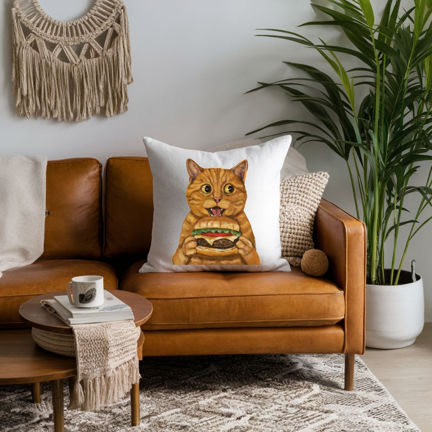 Orange Burger Cat Throw Pillow - MerikaArt