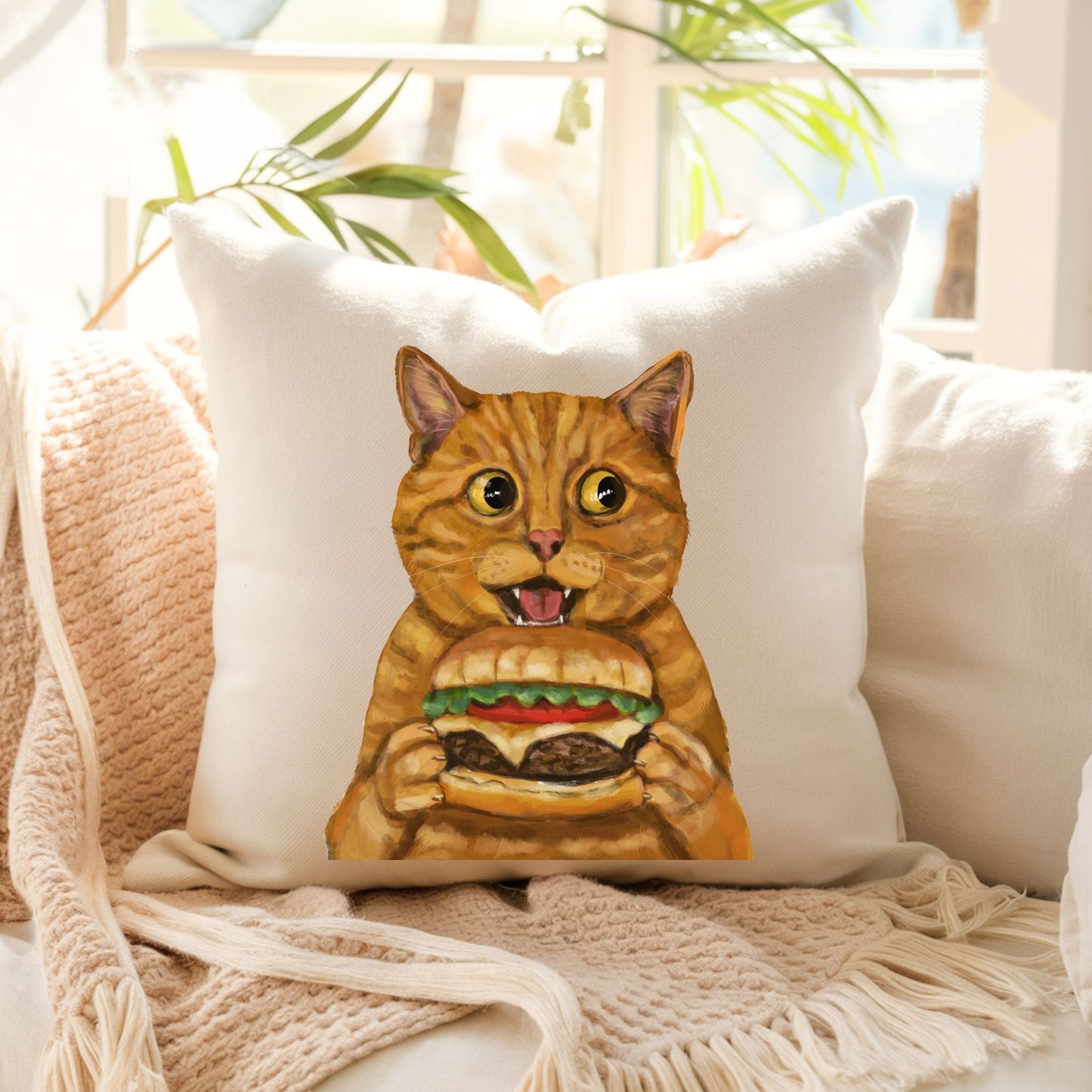 Orange Burger Cat Throw Pillow - MerikaArt