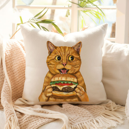 Orange Burger Cat Throw Pillow - MerikaArt