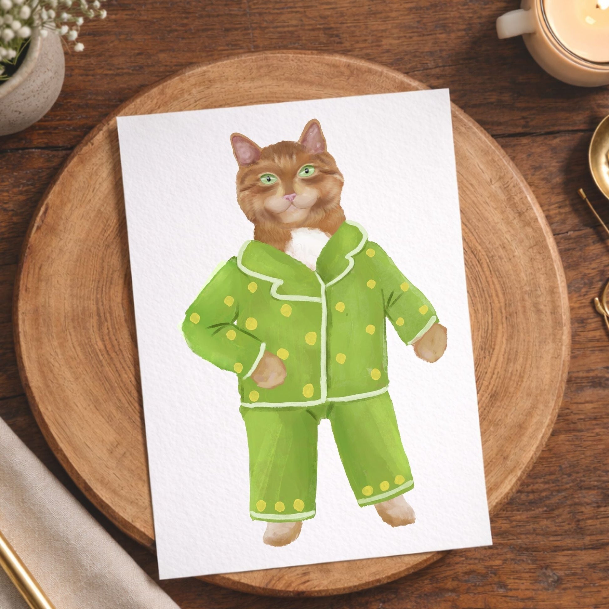 Orange Cat In Green Pajamas Postcard - MerikaArt