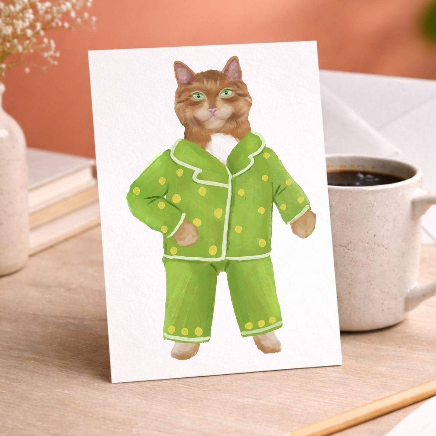 Orange Cat In Green Pajamas Postcard - MerikaArt