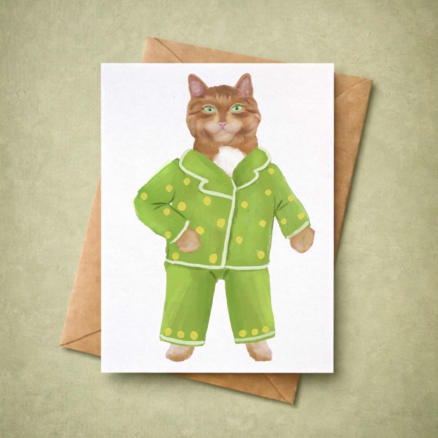Orange Cat In Green Pajamas Postcard - MerikaArt