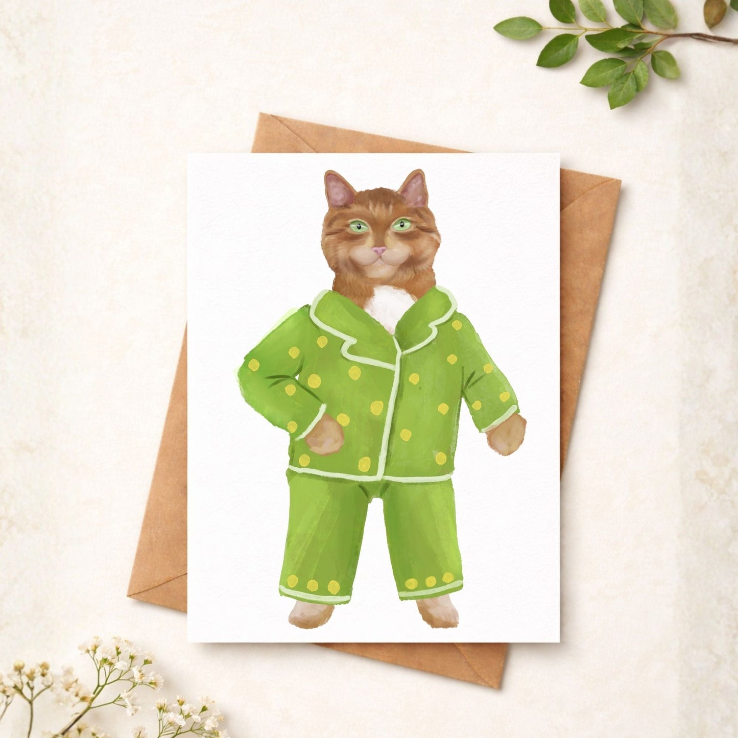 Orange Cat In Green Pajamas Postcard - MerikaArt