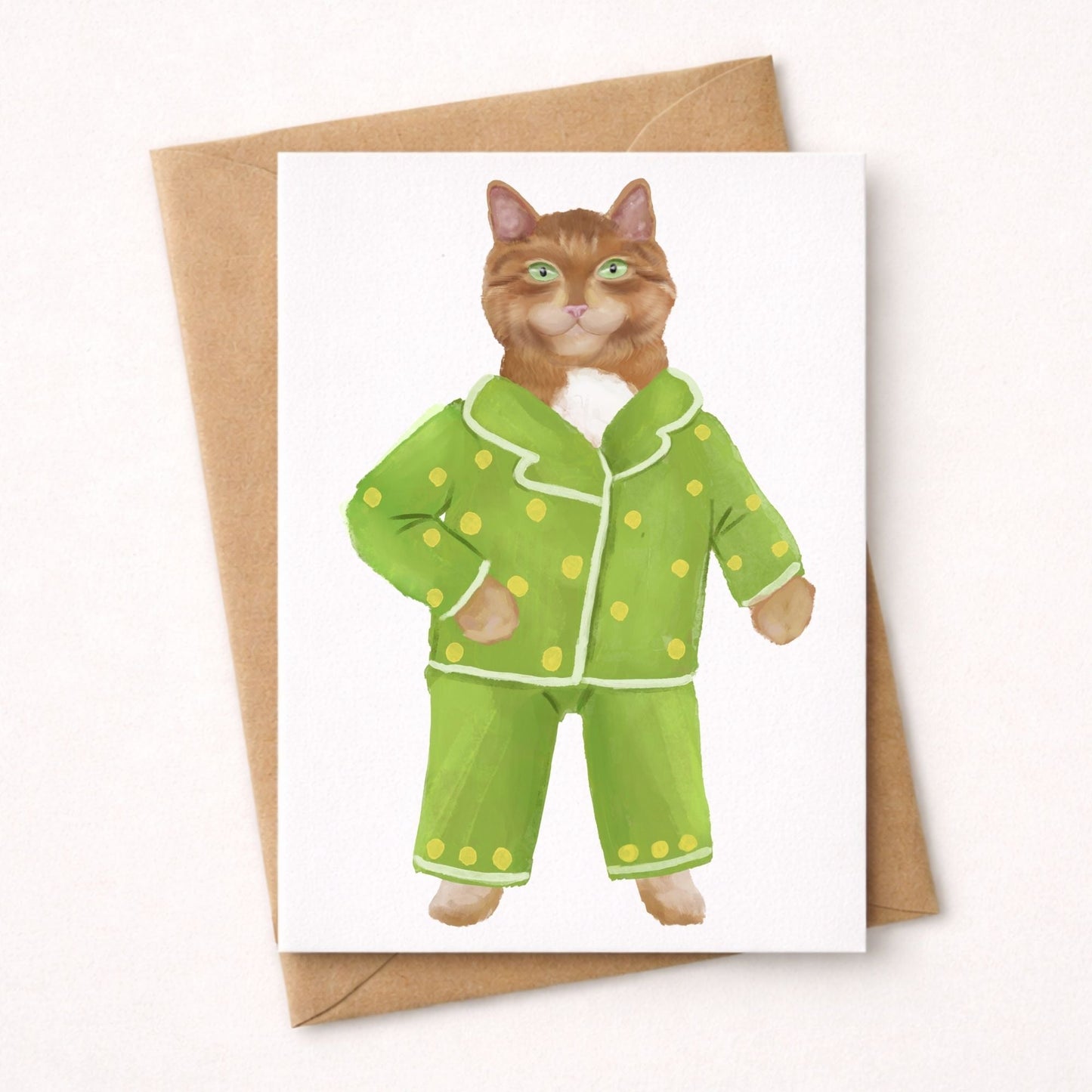 Orange Cat In Green Pajamas Postcard - MerikaArt