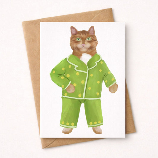 Orange Cat In Green Pajamas Postcard - MerikaArt