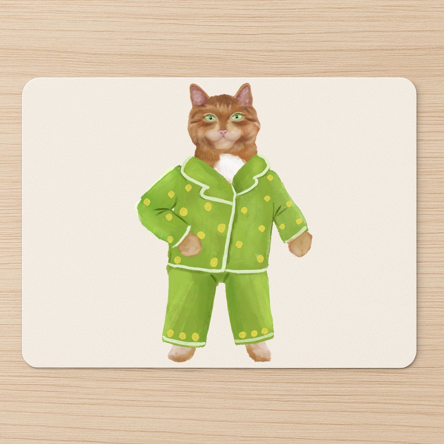 Orange Cat in Green Polka Dot Pajamas Mousepad - MerikaArt
