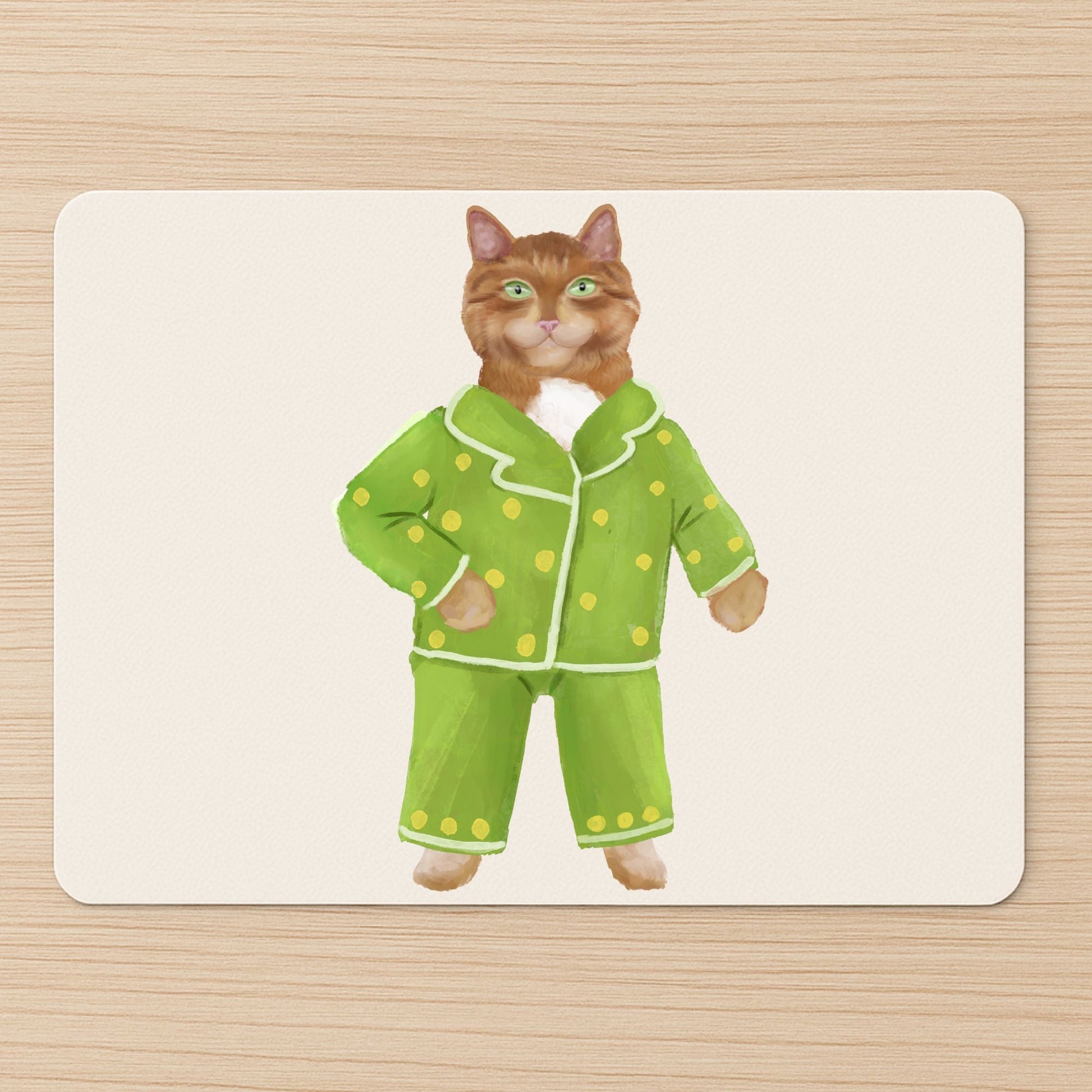 Orange Cat in Green Polka Dot Pajamas Mousepad - MerikaArt