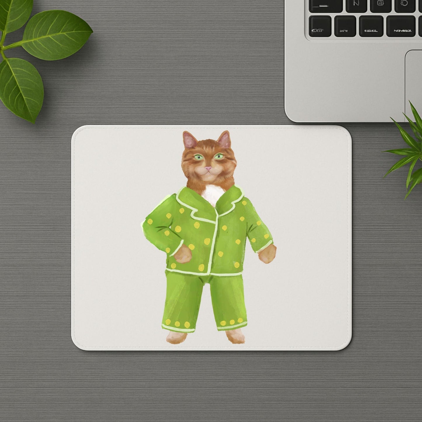Orange Cat in Green Polka Dot Pajamas Mousepad - MerikaArt