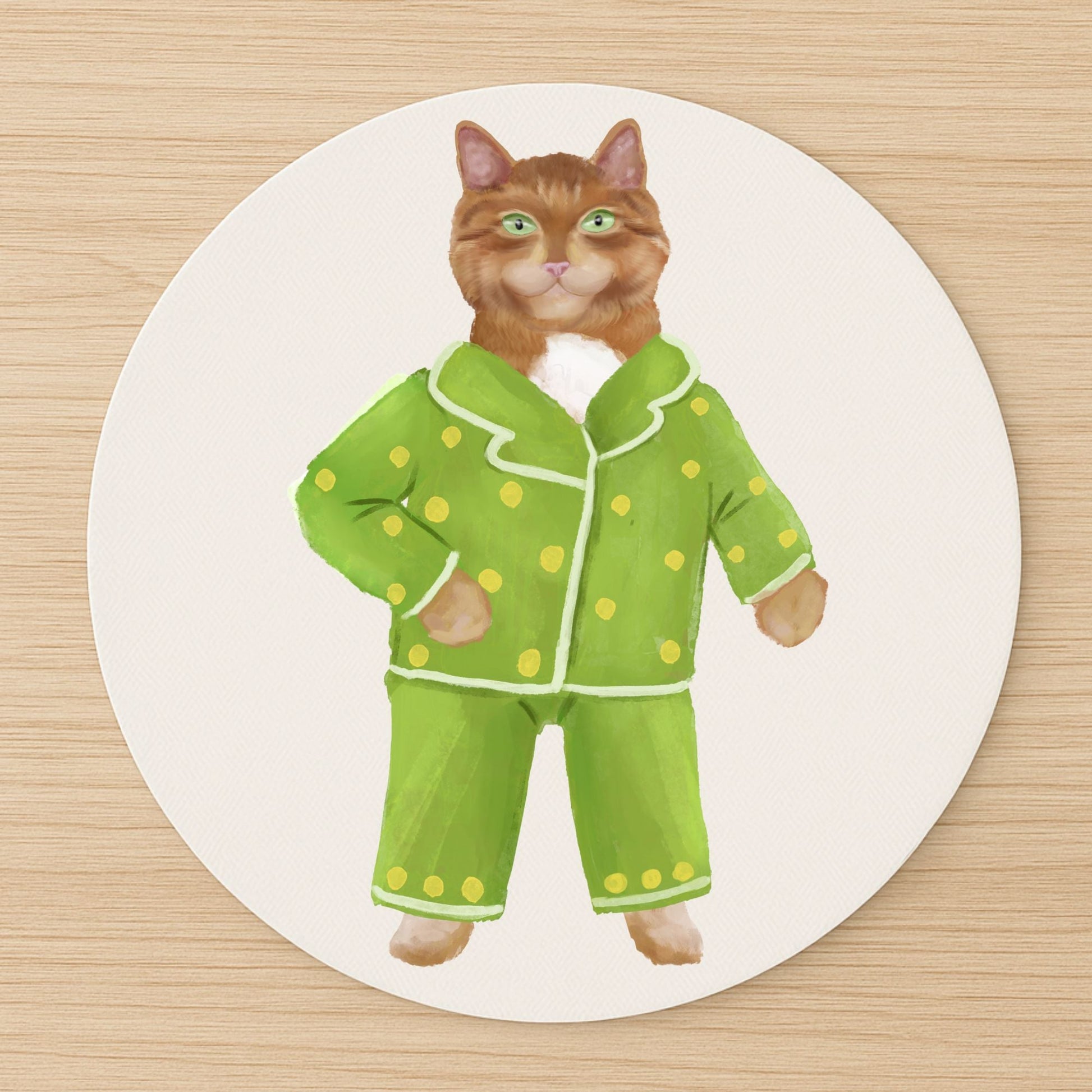 Orange Cat in Green Polka Dot Pajamas Mousepad - MerikaArt