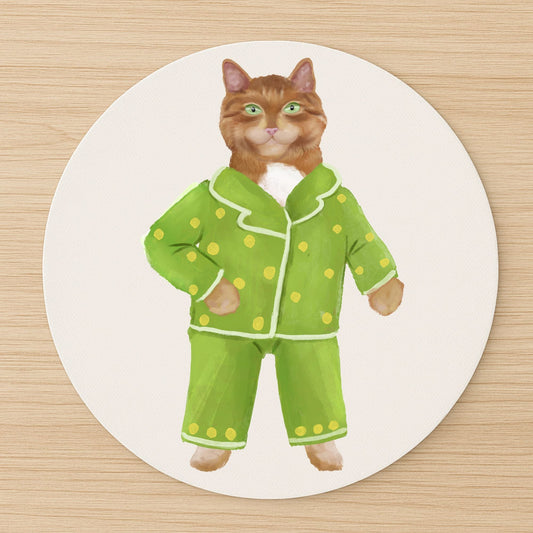 Orange Cat in Green Polka Dot Pajamas Mousepad - MerikaArt