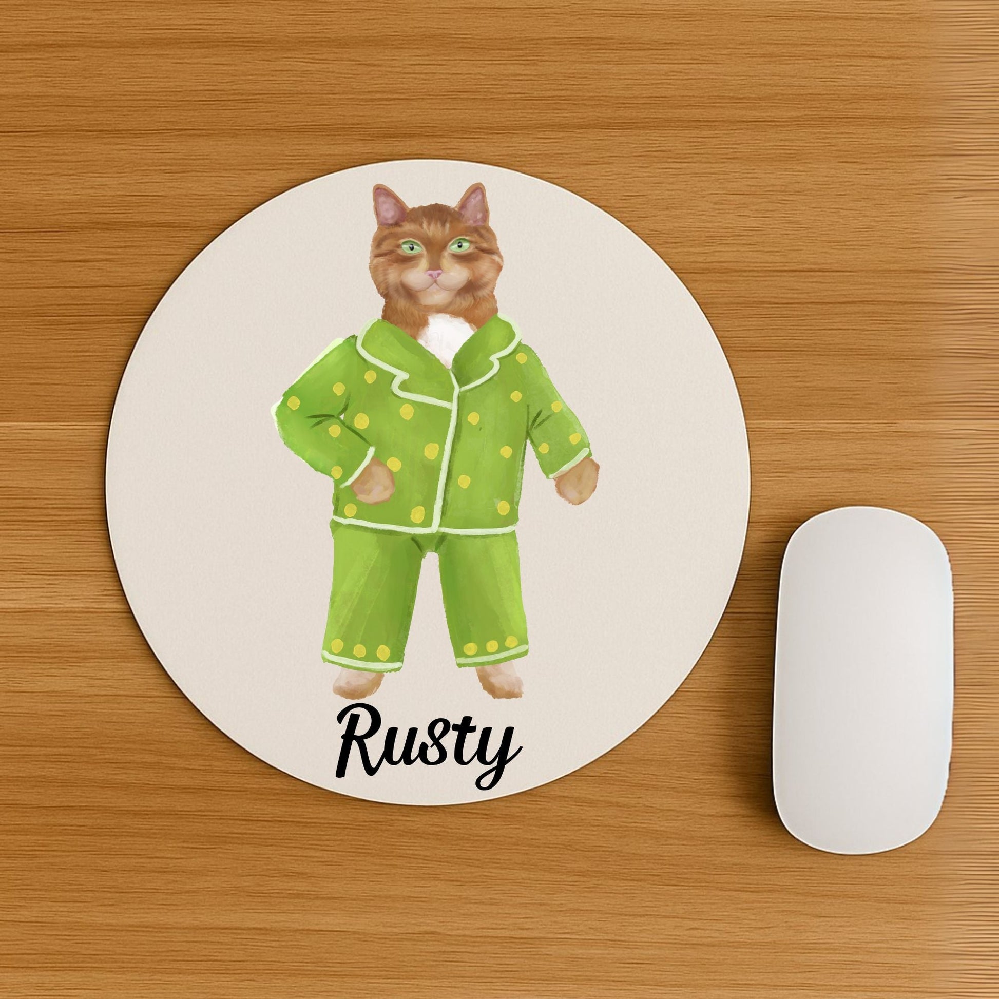 Orange Cat in Green Polka Dot Pajamas Mousepad - MerikaArt