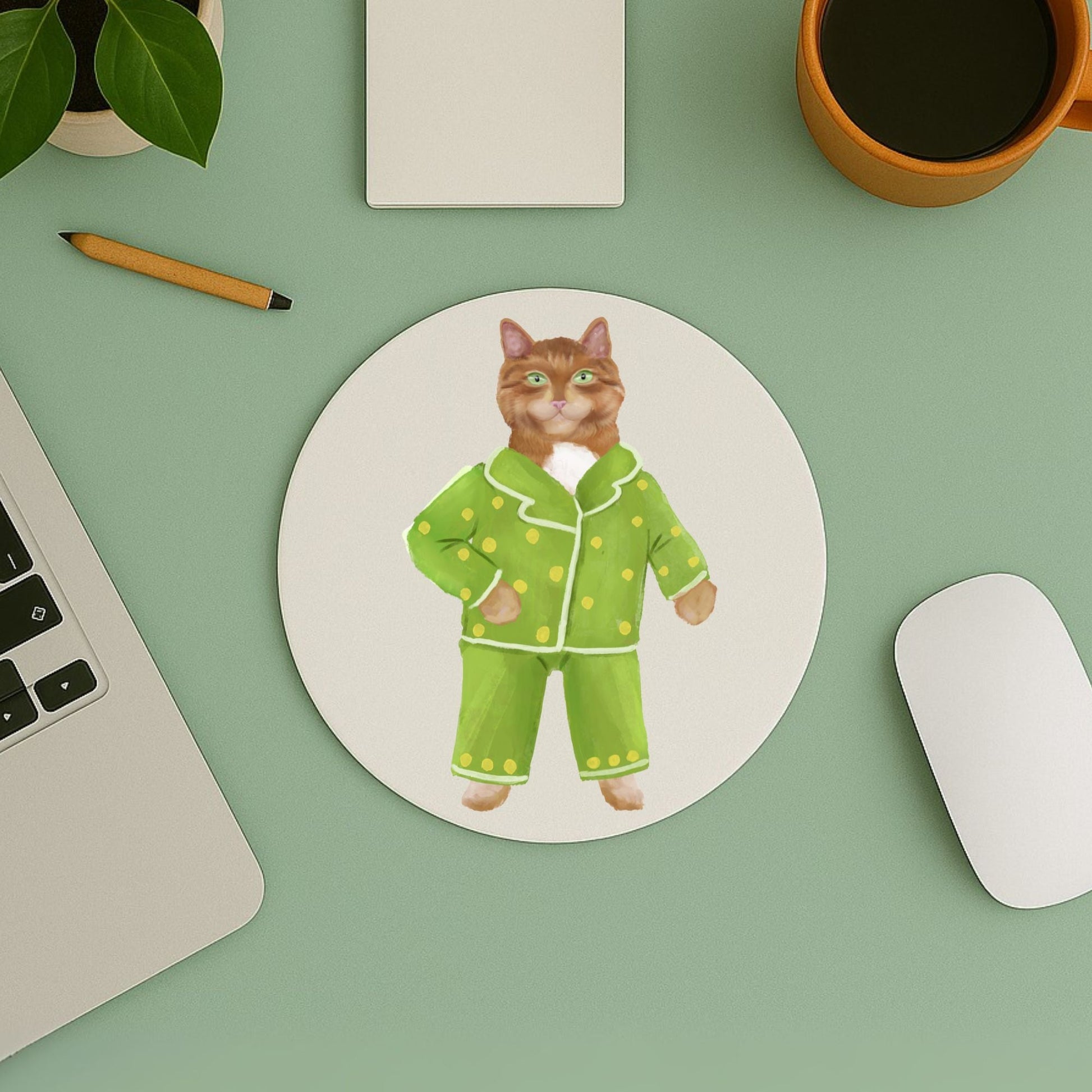 Orange Cat in Green Polka Dot Pajamas Mousepad - MerikaArt