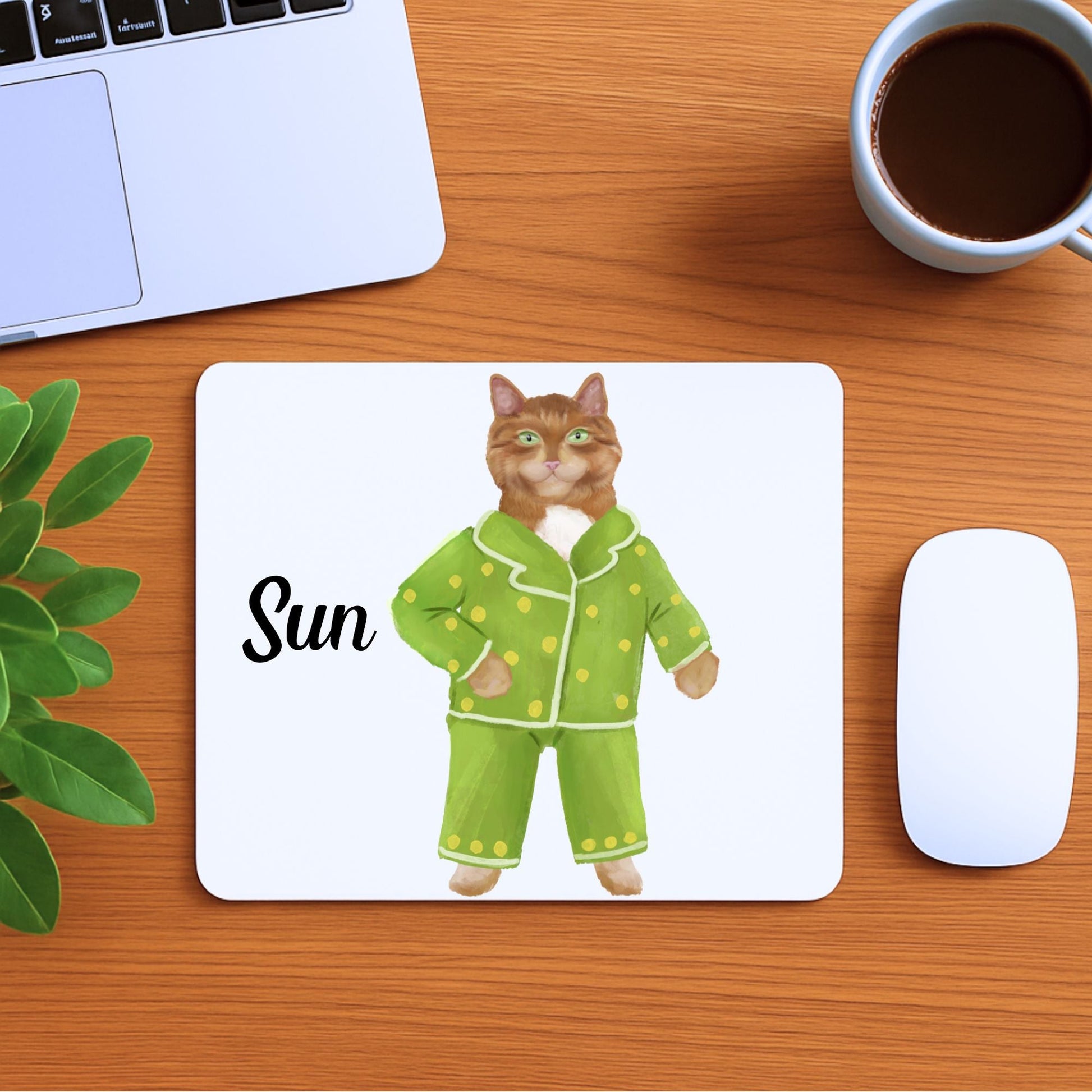 Orange Cat in Green Polka Dot Pajamas Mousepad - MerikaArt