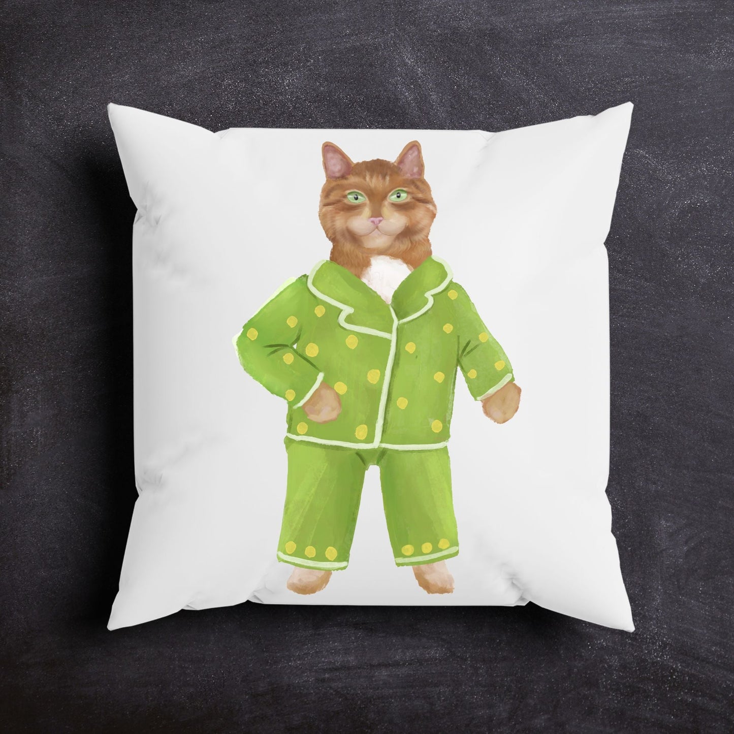 Orange Cat with Green Pajamas Pillow - MerikaArt