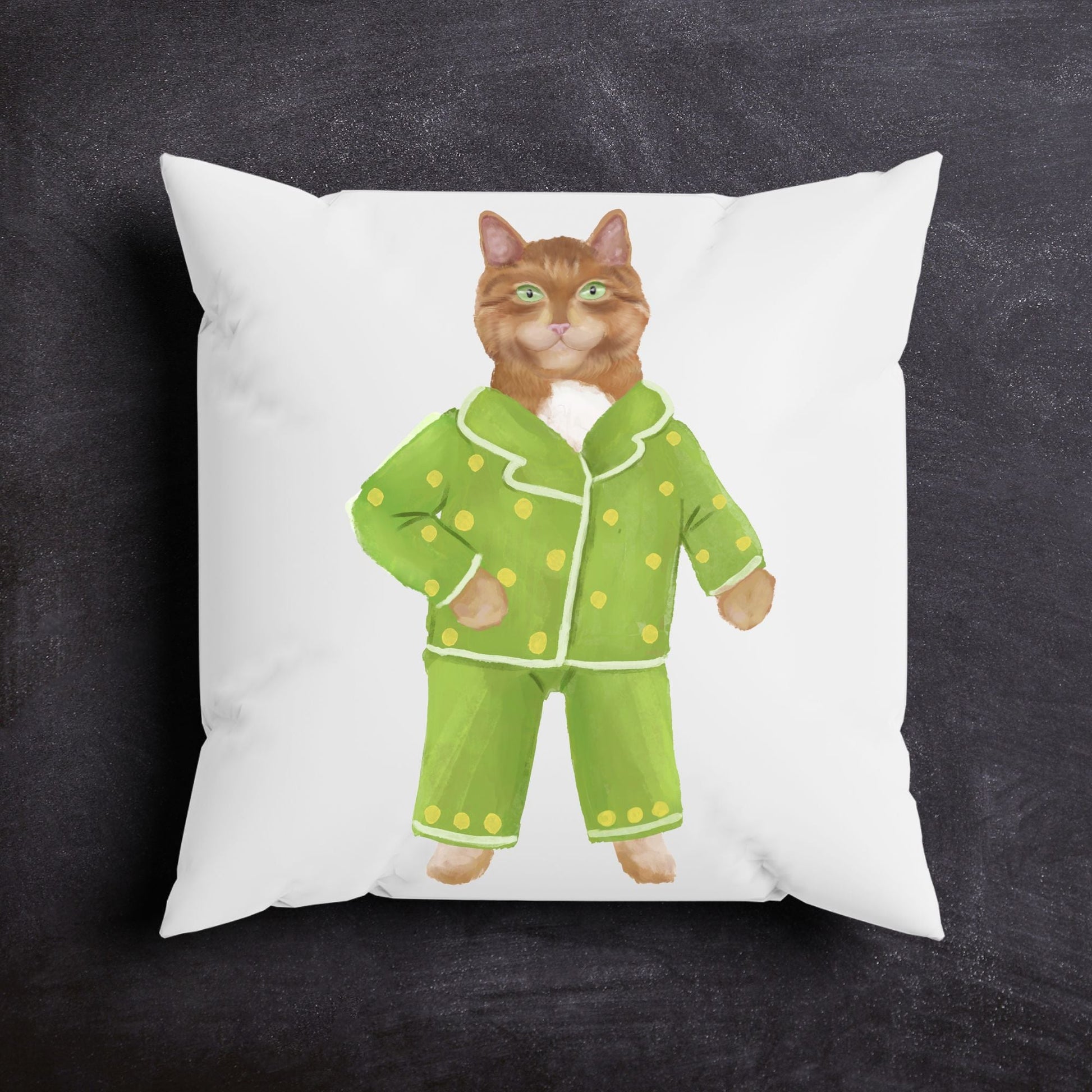 Orange Cat with Green Pajamas Pillow - MerikaArt