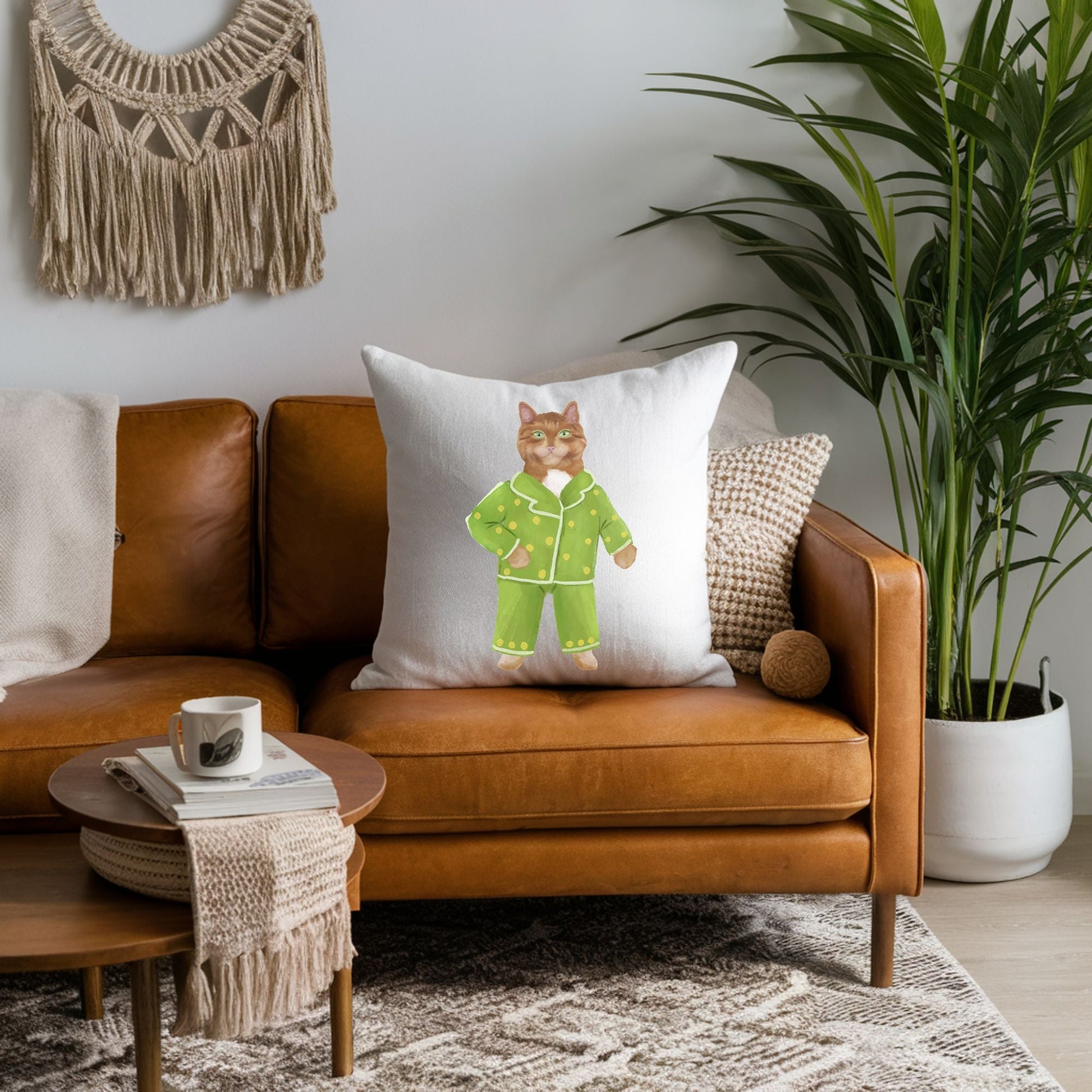 Orange Cat with Green Pajamas Pillow - MerikaArt