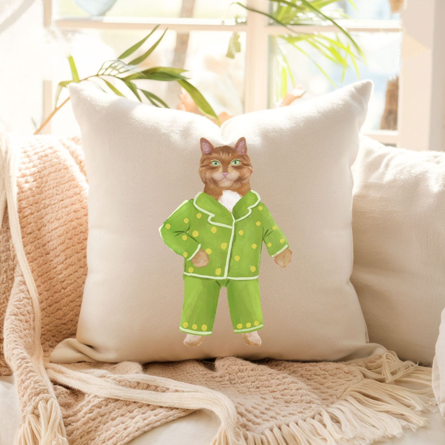 Orange Cat with Green Pajamas Pillow - MerikaArt